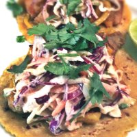 Fish Tacos with Creamy Chipolte Cabbage Slaw